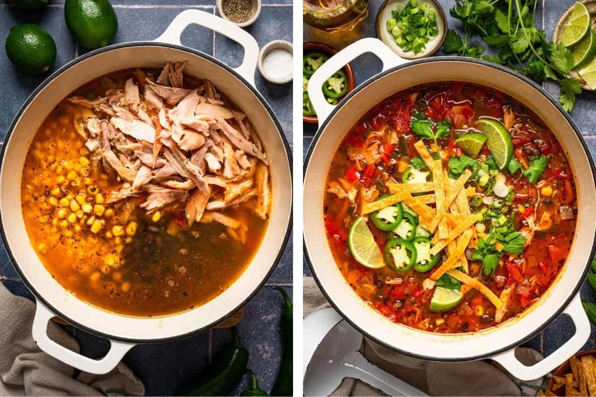 Chicken Tortilla Soup (Step-by-Step Photos) Two side-by-side images of a pot: the left shows shredded chicken and corn in broth; the right shows the finished chicken tortilla soup topped with lime wedges, tortilla strips, cilantro, and green onions.