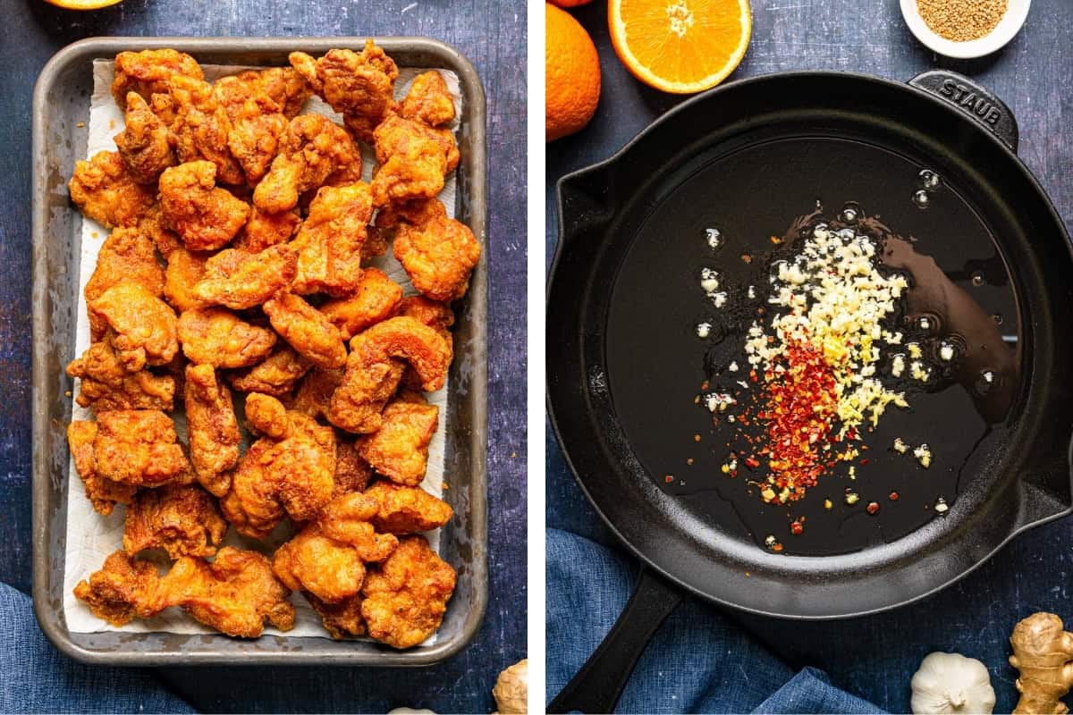 How to Make Orange Chicken Left: A tray filled with golden, crispy fried chicken pieces on parchment paper. Right: A cast iron skillet with chopped garlic, ginger, and red pepper flakes sizzling in oil, surrounded by fresh ingredients.