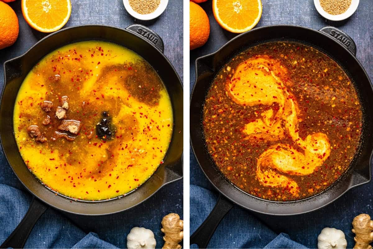 How to Make Orange Chicken Side-by-side images show a cast iron skillet with a yellow-orange sauce and seasonings on the left, and the same skillet on the right with a mixed, reddish-brown sauce topped with chili flakes. Ingredients surround both skillets.