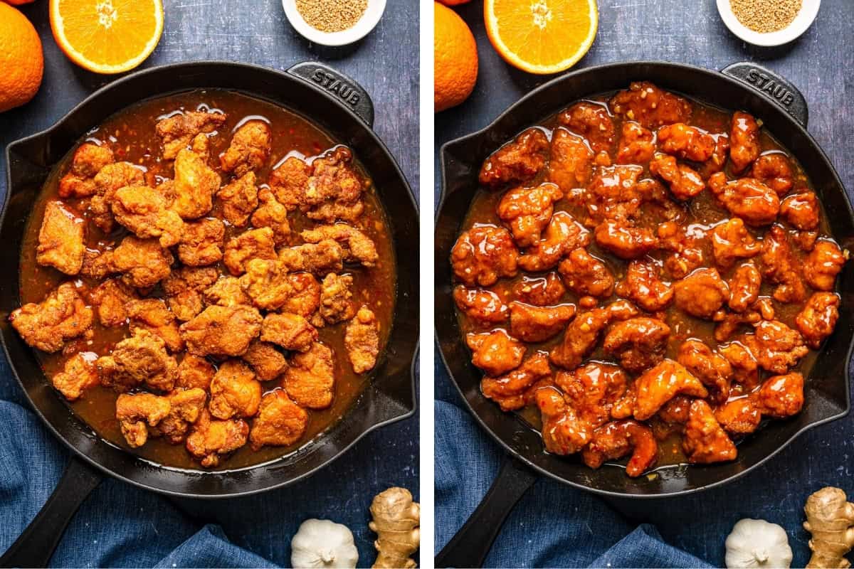 How to Make Orange Chicken Side-by-side images of a skillet with pieces of fried chicken. The left shows the chicken before being coated in sauce, while the right shows the chicken covered in a glossy, orange sauce. Ingredients like orange and garlic surround the pans.