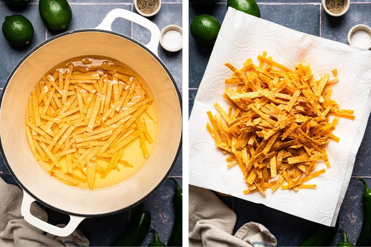 Chicken Tortilla Soup (Step-by-Step Photos) A side-by-side image shows tortilla strips frying in oil in a pot on the left, and cooked, golden-brown tortilla strips draining on paper towels on the right.
