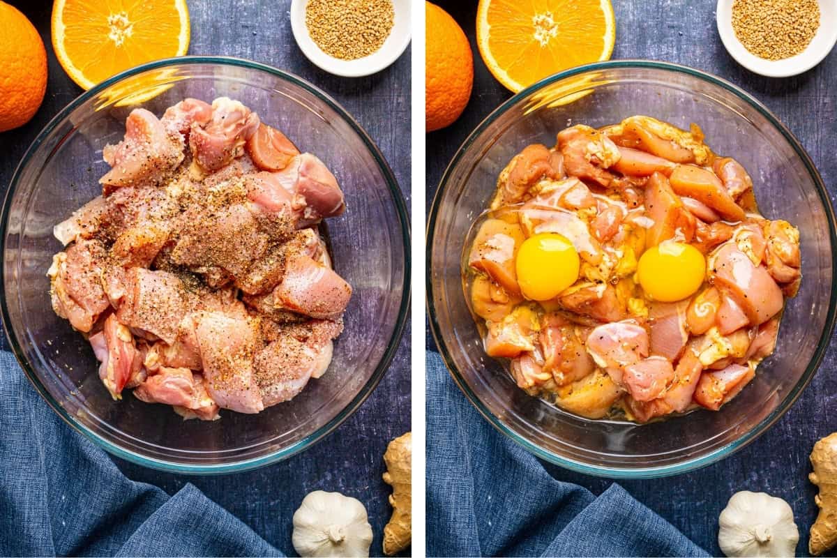 How to Make Orange Chicken Two side-by-side bowls of raw chicken: the left bowl has chicken pieces sprinkled with spices, while the right bowl has marinated chicken with two cracked eggs on top. Orange halves, ginger, and garlic are around the bowls.
