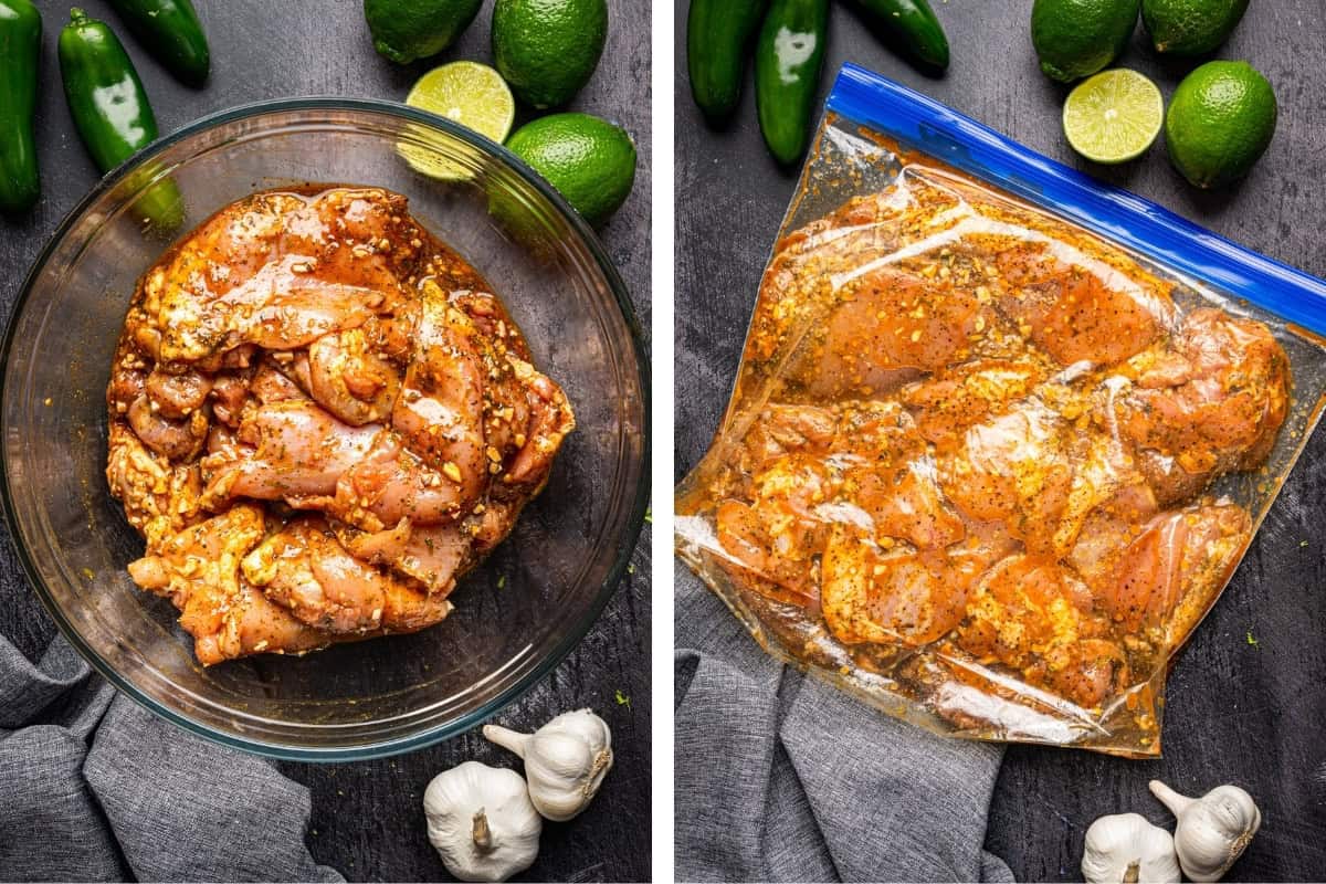 Two images side by side: marinated raw chicken in a glass bowl on the left, and the same marinated chicken sealed in a plastic bag on the right. Surrounding are limes, jalape&ntilde;os, garlic, and a gray cloth on a dark surface.
