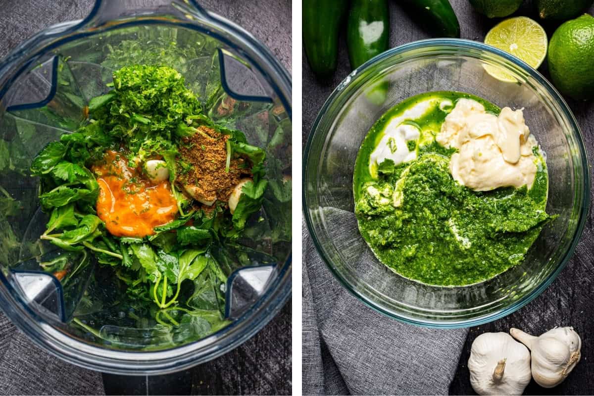 Two images side by side: Left, fresh herbs, spices, and liquids in a blender. Right, a bowl with a green blended mixture, mayonnaise, and lime juice, surrounded by lime, jalape&ntilde;o, and garlic on a dark surface.