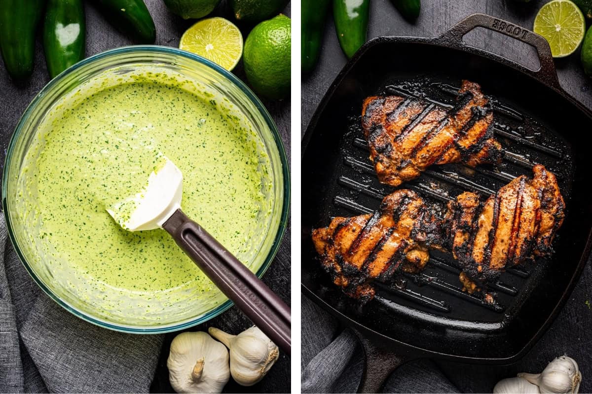 Side-by-side images: on the left, a bowl of creamy green sauce with a spatula, surrounded by limes, jalape&ntilde;os, and garlic; on the right, grilled chicken thighs cooking in a cast iron grill pan.