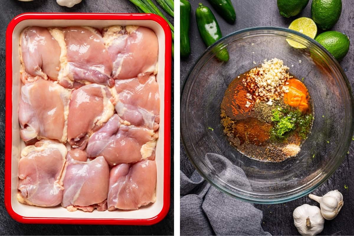 Side-by-side image: On the left, raw chicken thighs are arranged in a red-and-white tray. On the right, a glass bowl contains various spices, minced garlic, and lime zest, with limes, garlic, and peppers nearby.