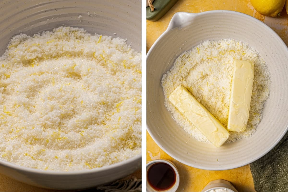 Lemon Poppy Seed Bundt Cake (Step-by-Step Photos) Side-by-side images: Left, a bowl of granulated sugar mixed with lemon zest. Right, the same mixture in a bowl with two sticks of butter added on top.