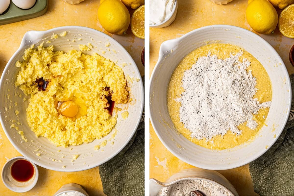 Lemon Poppy Seed Bundt Cake (Step-by-Step Photos) Two white mixing bowls side by side; the left contains a yellow, creamed mixture with an egg, vanilla, and lemon zest, while the right bowl has the same mixture topped with flour and poppy seeds.