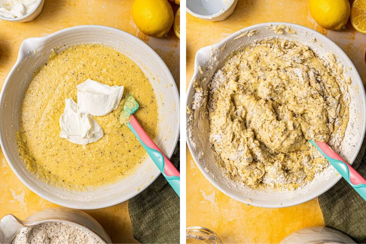 Lemon Poppy Seed Bundt Cake (Step-by-Step Photos) Two side-by-side images show a mixing bowl with cake batter. The left image has batter being mixed with sour cream on top, while the right image shows the batter after additional dry ingredients have been folded in.