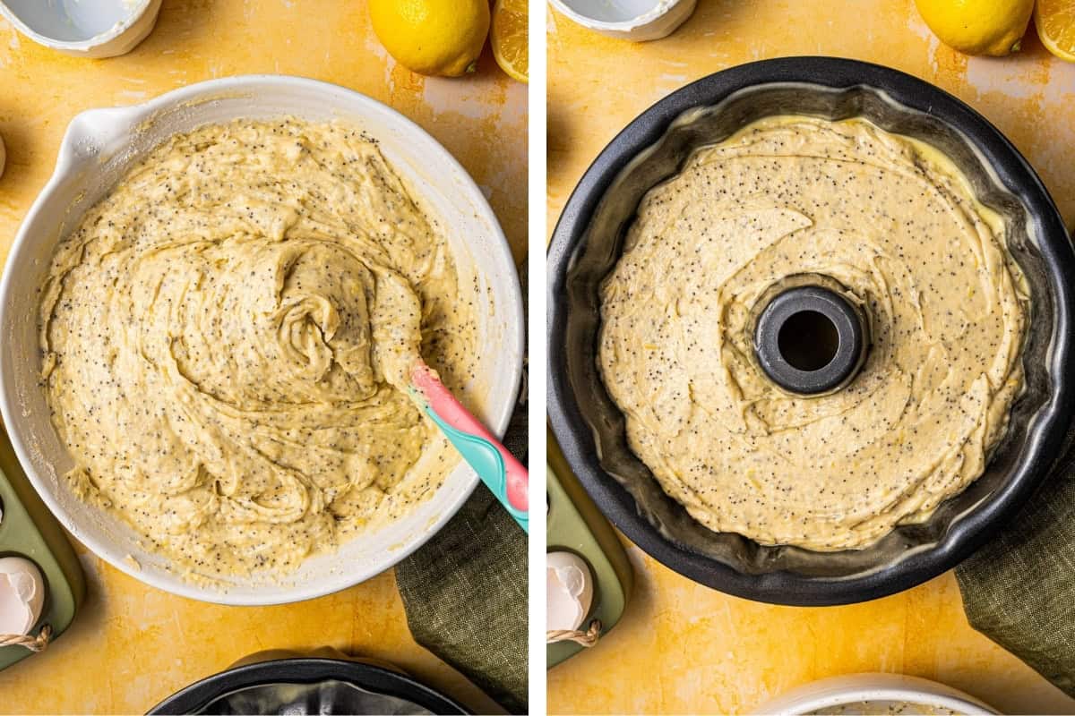 Lemon Poppy Seed Bundt Cake (Step-by-Step Photos) Side-by-side images: Left shows lemon poppy seed cake batter being mixed in a bowl with a spatula. Right shows the batter spread evenly in a bundt pan, ready to be baked.