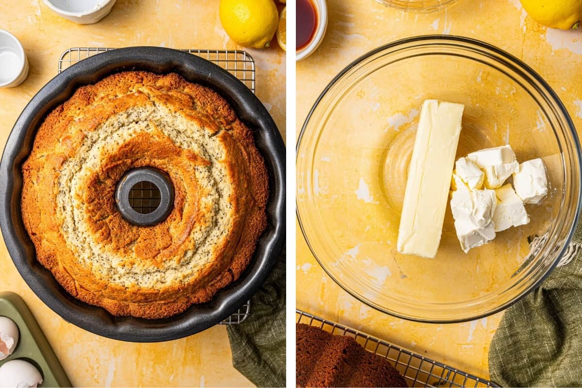Lemon Poppy Seed Bundt Cake (Step-by-Step Photos) A split image: on the left, a baked poppy seed bundt cake in a pan; on the right, a clear bowl holding a stick of butter and blocks of cream.