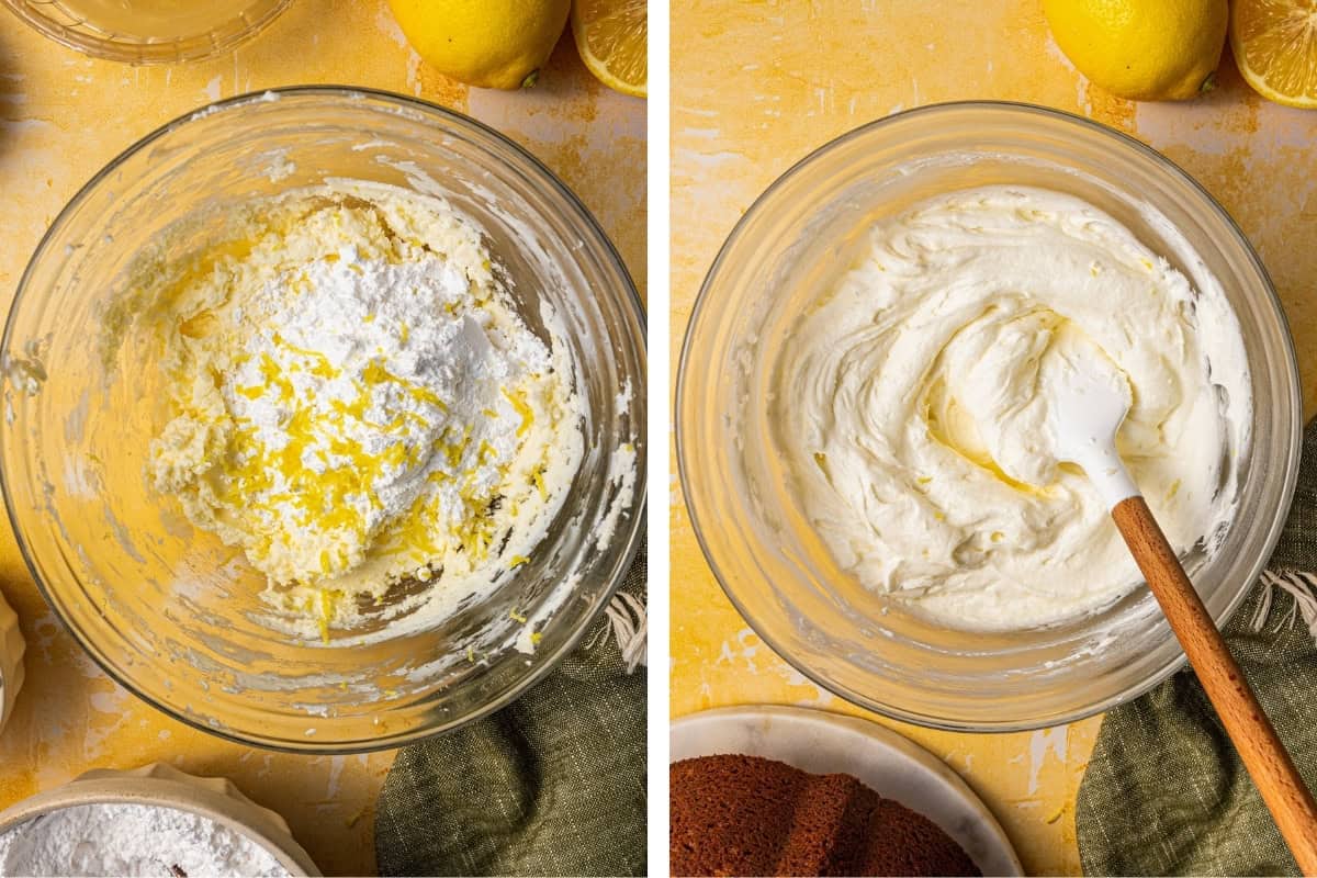 Lemon Poppy Seed Bundt Cake (Step-by-Step Photos) Two side-by-side images show a glass bowl with ingredients being mixed for frosting. The left side shows powdered sugar and lemon zest on creamy butter, and the right side shows the mixture smoothly blended with a spatula.