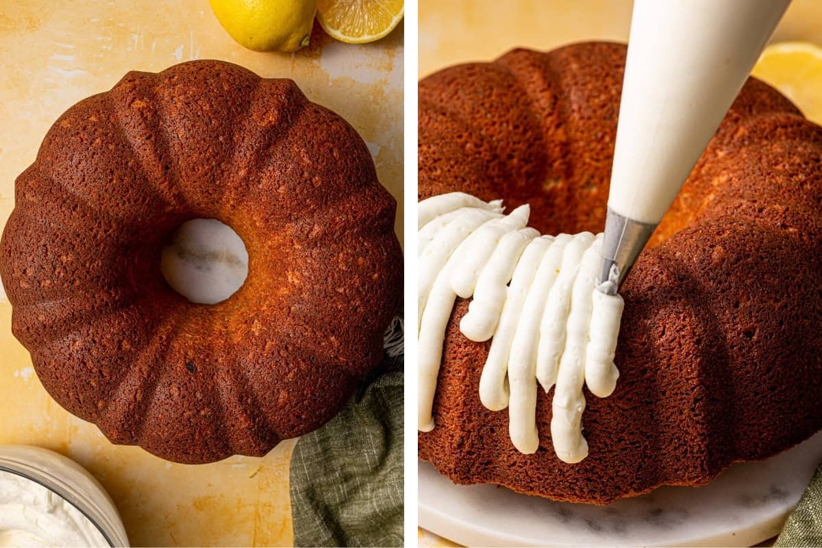 Lemon Poppy Seed Bundt Cake (Step-by-Step Photos) A bundt cake is shown in two stages: on the left, plain and whole; on the right, a hand pipes white icing onto the top of the cake with a pastry bag.