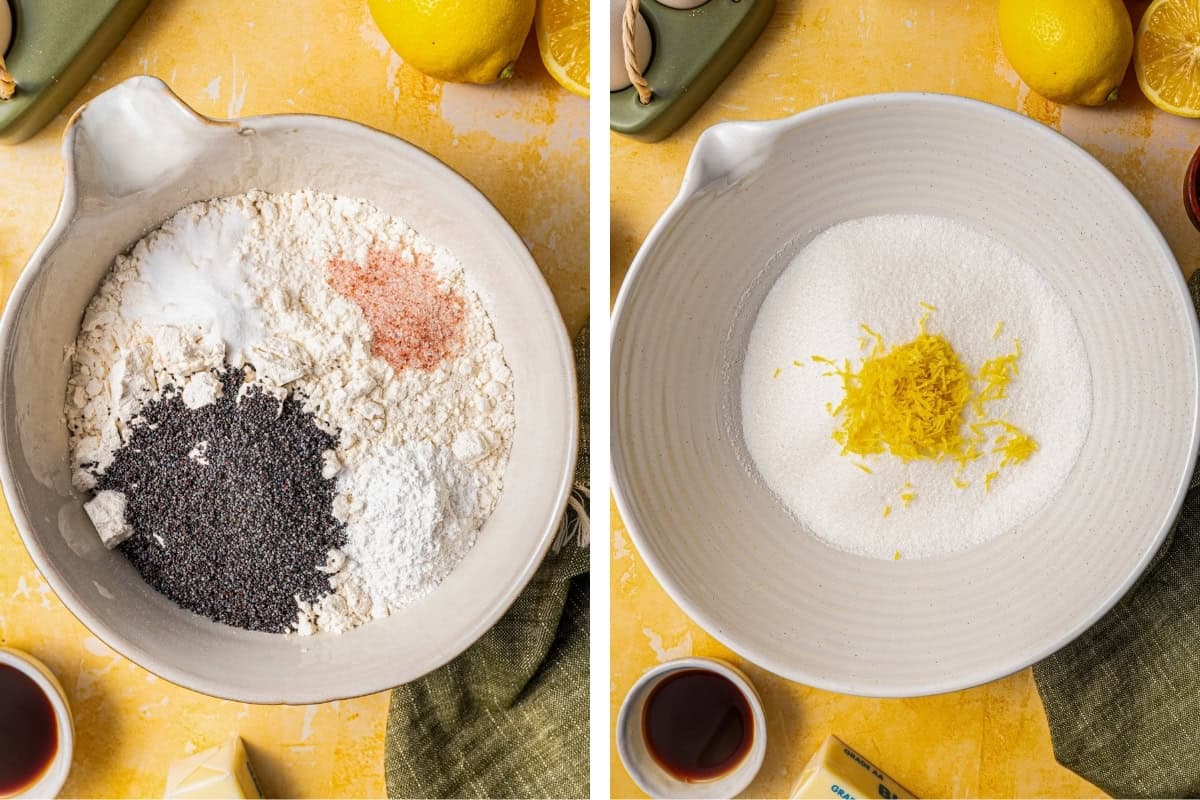 Lemon Poppy Seed Bundt Cake (Step-by-Step Photos) The left bowl contains flour, poppy seeds, baking powder, salt, and baking soda. The right bowl contains sugar and lemon zest.