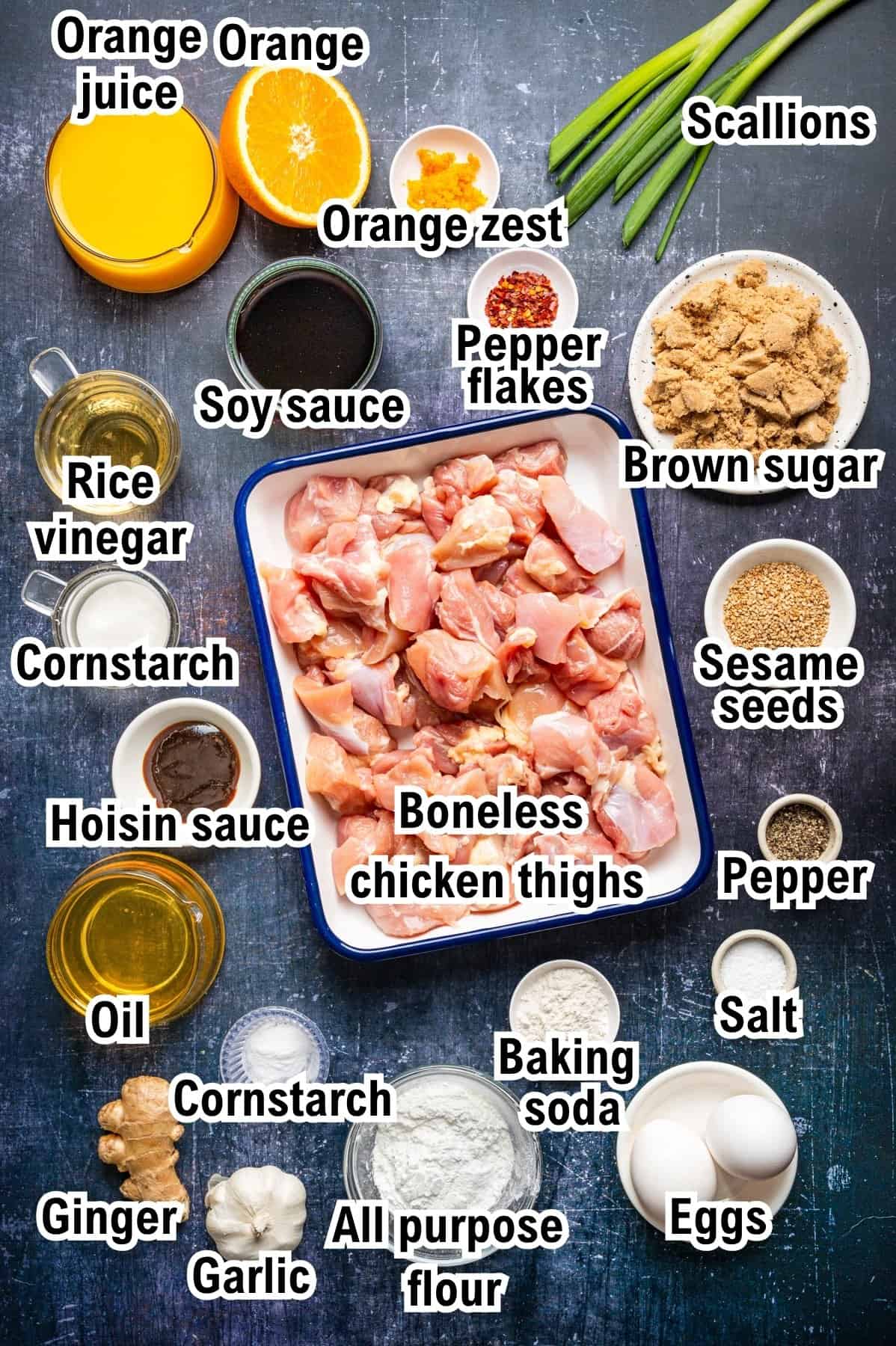 The Ingredients for Orange Chicken Flat lay of various labeled ingredients for Orange Chicken Recipe on a dark surface, including boneless chicken thighs, orange juice, soy sauce, brown sugar, eggs, scallions, oil, hoisin sauce, spices, ginger, garlic.