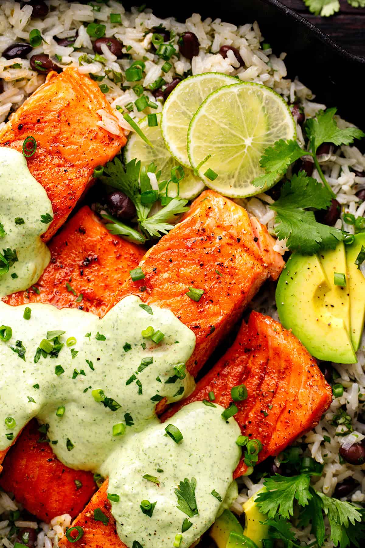 Slices of cooked salmon topped with a creamy green cilantro-lime sauce, served on rice mixed with black beans. Garnished with avocado slices, lime, cilantro, and chopped green onions.