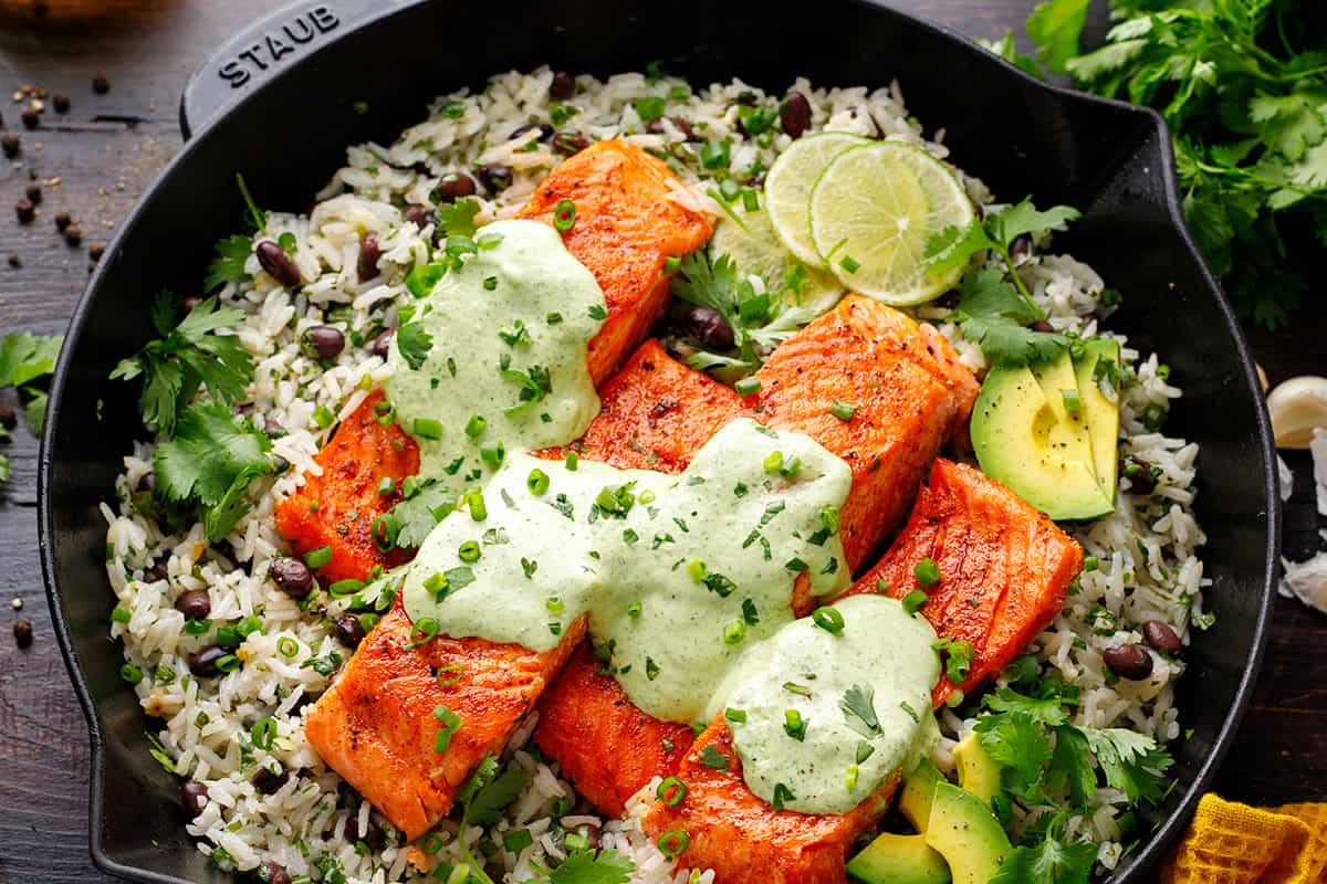 Slmon And Rice Pan-Seared Salmon and Rice with Cilantro-Lime Crema - Julia's Album