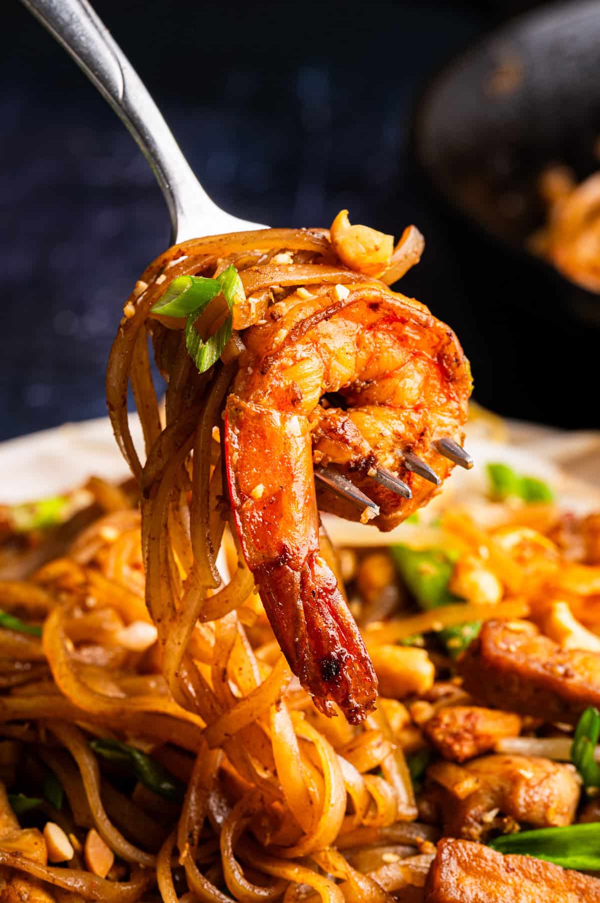 A close-up of a fork holding noodles, a cooked shrimp, chopped green onions, and peanuts, with more stir-fried noodles and ingredients visible on the plate below.