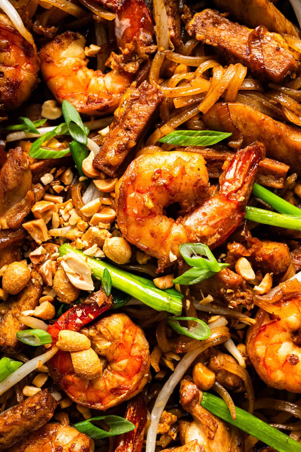 Close-up of Pad Thai with shrimp, chicken, noodles, green onions, bean sprouts, crushed peanuts, and sauce.