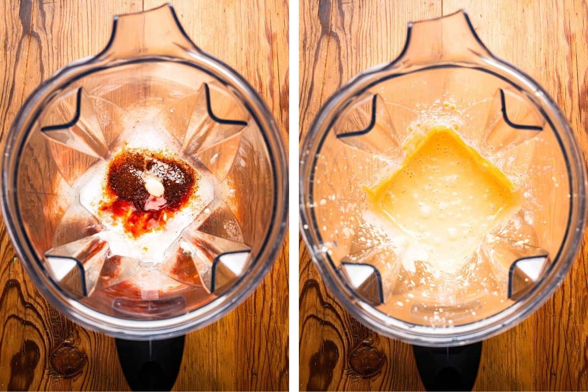 Two overhead views of a blender: the left shows ingredients like spices, and liquid before blending; the right shows a smooth, blended yellow mixture. 
