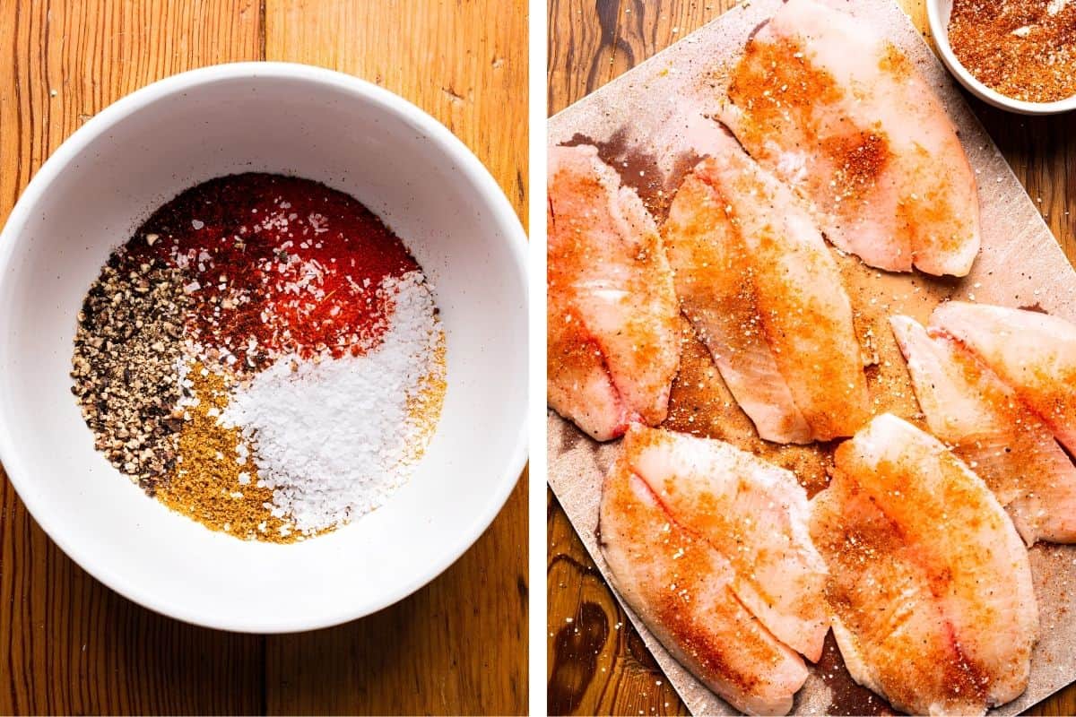A bowl of mixed spices on the left; on the right, raw fish fillets dusted with the spice mixture on a wooden surface.