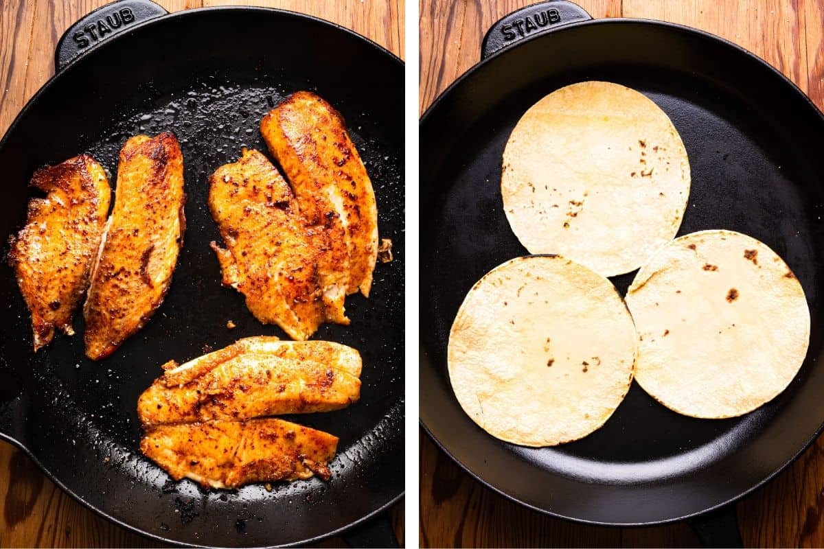 Two images side by side: left shows four seasoned fish fillets cooking in a black skillet; right shows three corn tortillas warming in the same skillet on a wooden surface.