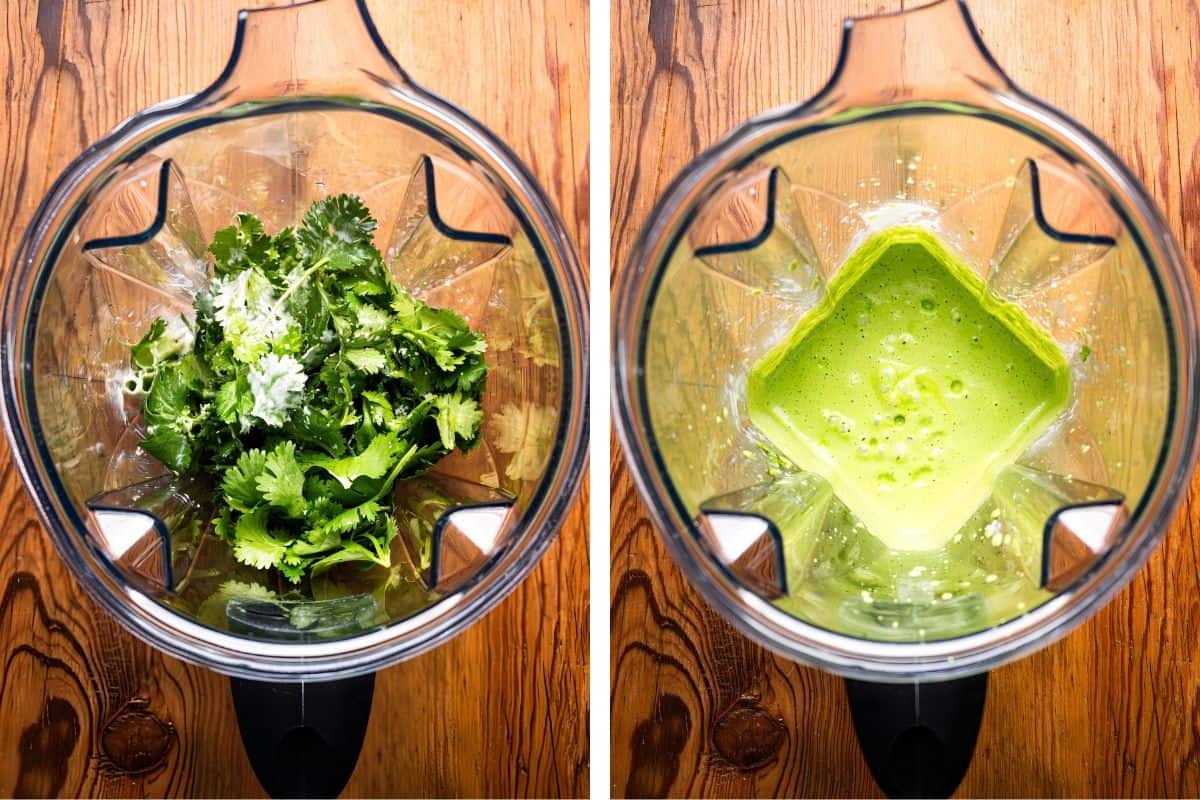 Split image: Left shows cilantro in a blender. Right shows the same blender with the ingredients blended into a smooth, bright green sauce. 