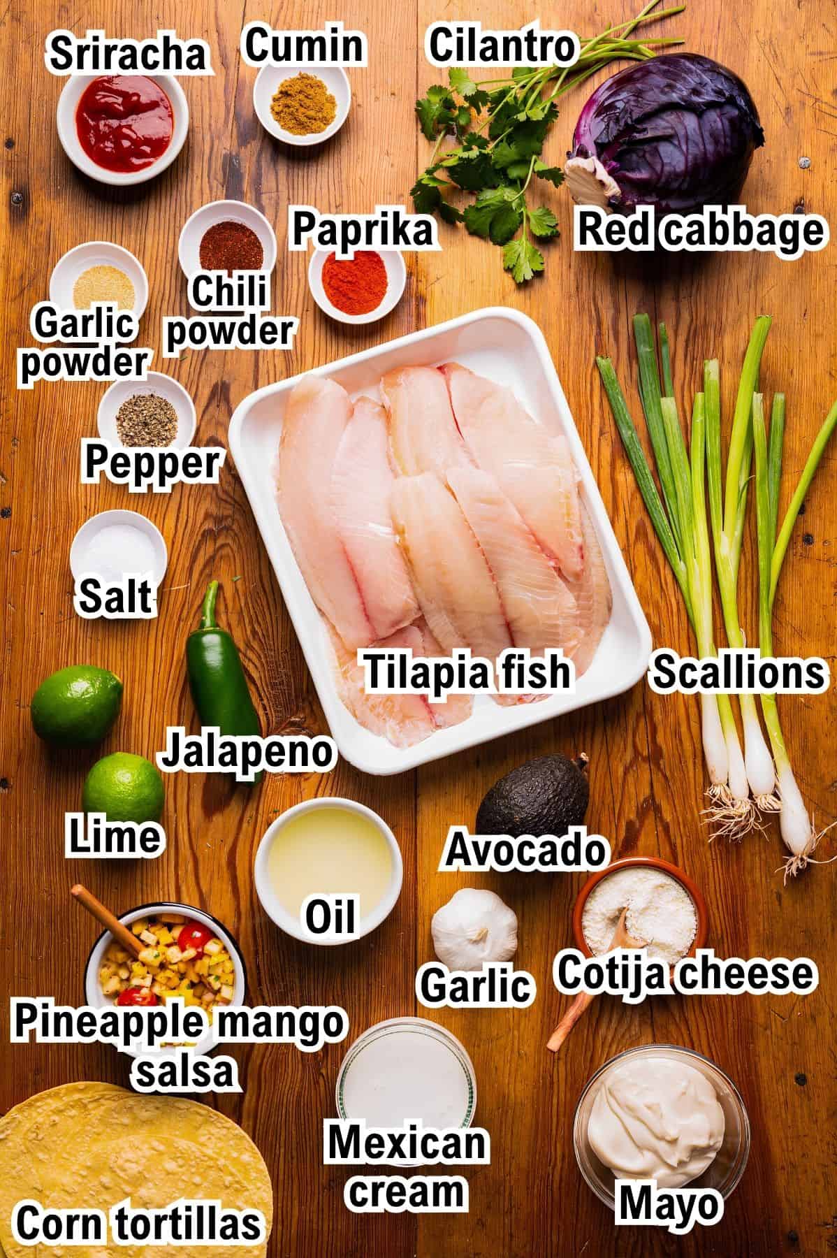 This photo shows the ingredients for Fish Tacos: Overhead view of labeled ingredients including tilapia fish, spices, sriracha, cilantro, red cabbage, scallions, lime, jalapeno, oil, avocado, garlic, cheeses, mayo, salsa, and corn tortillas.