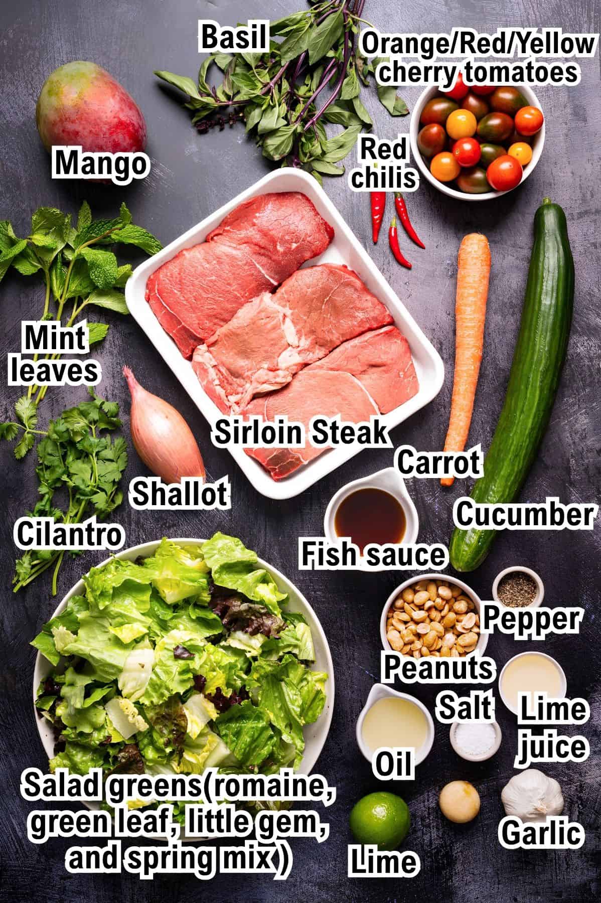 The Ingredients for Thai Beef Salad This photo shows the ingredients for Thai Beef Salad: Top-down view of labeled ingredients for a sirloin steak salad, including steak, herbs, vegetables, greens, peanuts, lime, garlic, oil, fish sauce, and spices arranged on a dark surface.