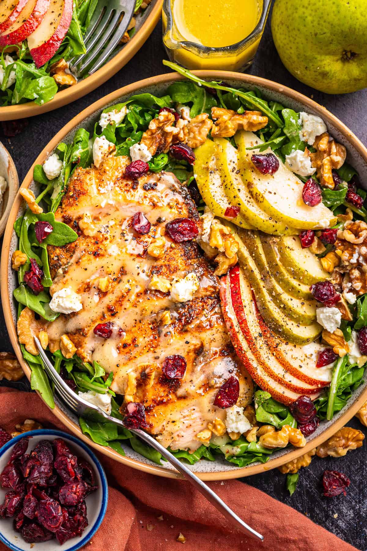 Chicken Arugula Salad A salad with grilled chicken, sliced green and red apples, walnuts, dried cranberries, goat cheese, and arugula, drizzled with dressing.