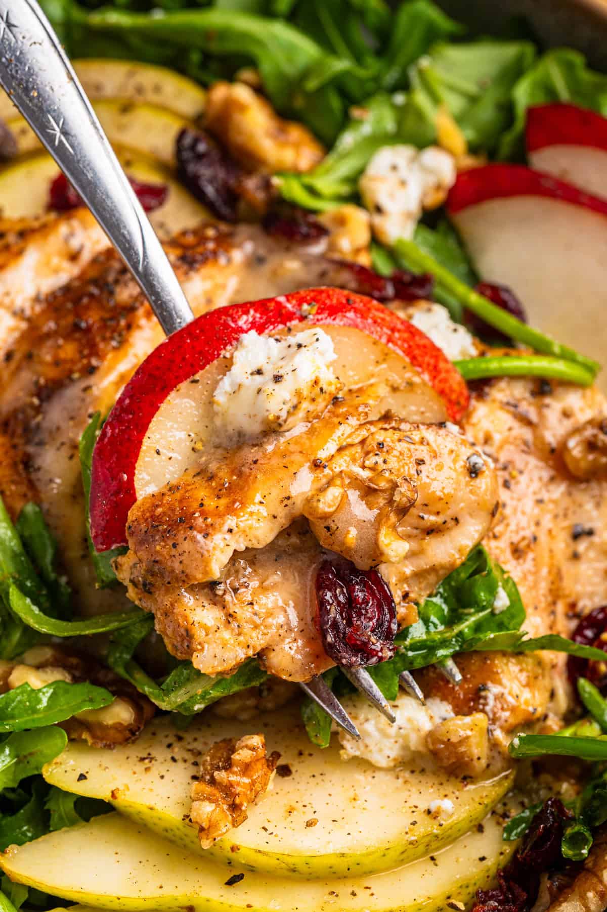 Chicken Arugula Salad A close-up of a fork holding a bite of salad with grilled chicken, apple slices, walnuts, dried cranberries, arugula, and crumbled cheese, seasoned with pepper.