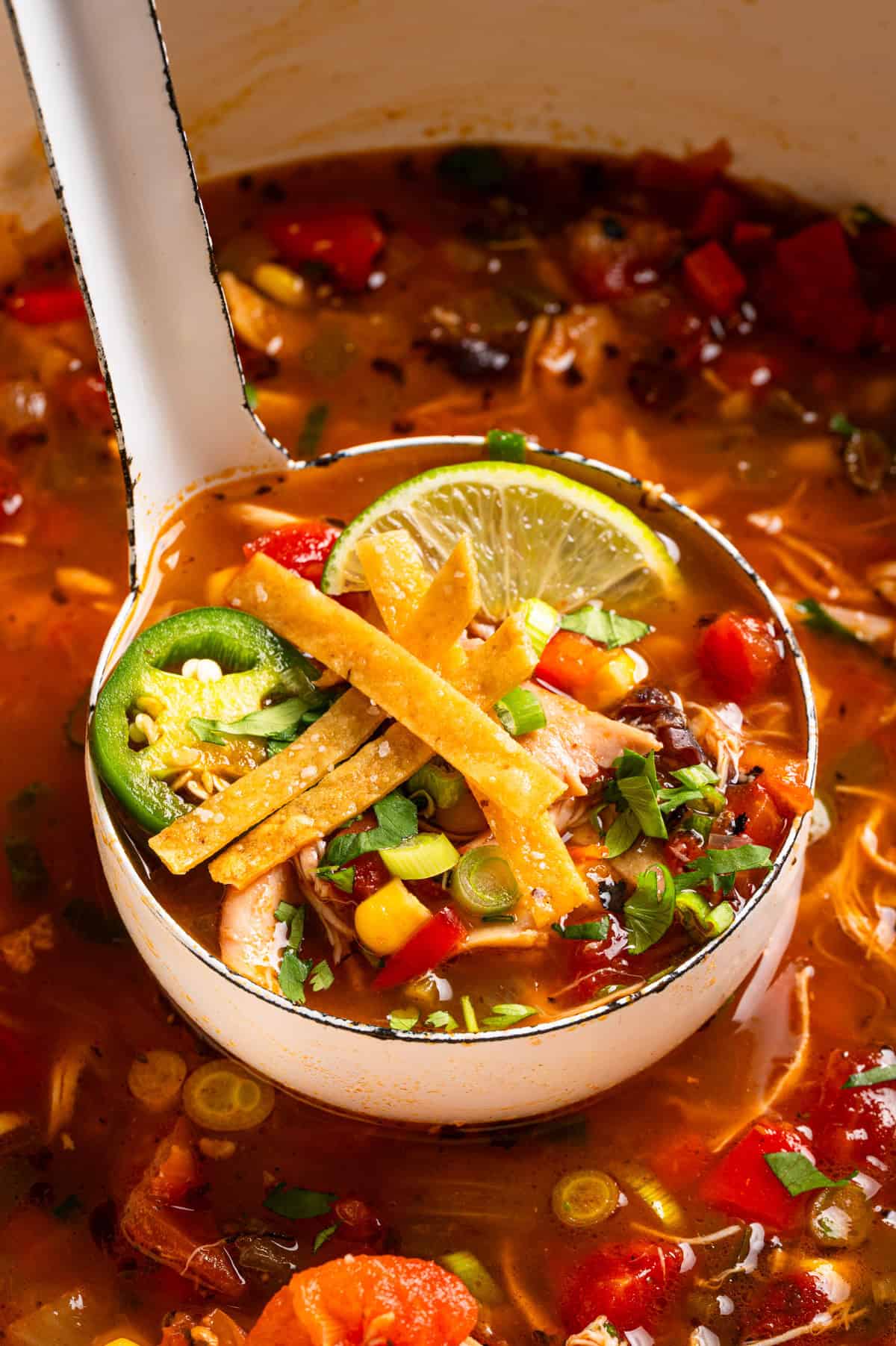 Chicken Tortilla Soup A ladle of chicken tortilla soup with sliced jalapeño, lime, tortilla strips, tomatoes, green onions, and cilantro, held over a pot of soup.