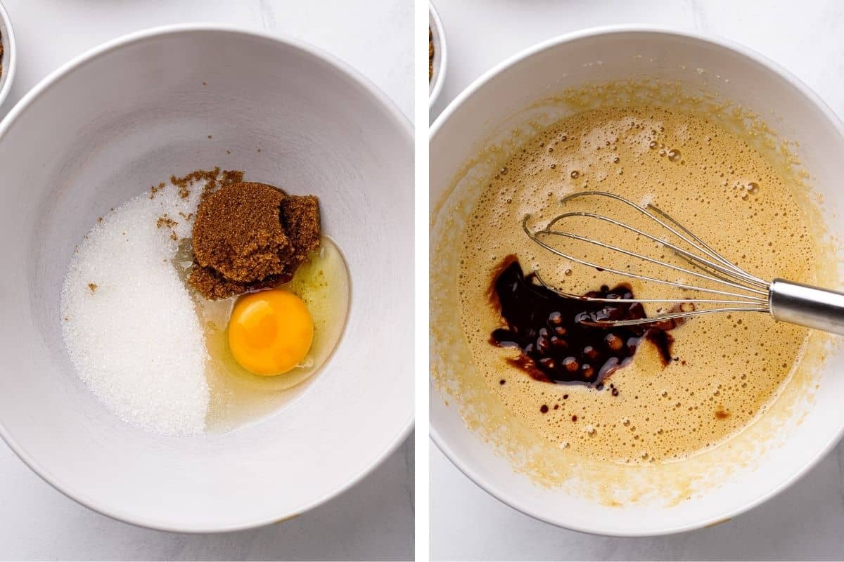 How to Make Cherry Cheesecake Brownies (Step-by-Step Photos) Two side-by-side bowls: the left has an egg, white sugar, and brown sugar; the right shows the mixture whisked together with added vanilla extract and a whisk resting inside.