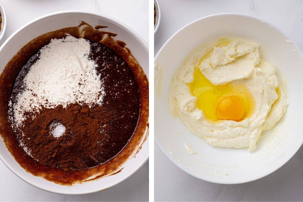 How to Make Cherry Cheesecake Brownies (Step-by-Step Photos) Two bowls: one with flour, cocoa powder, and sugar mixture; the other with creamed butter and sugar, topped with a raw egg, both on a light surface.