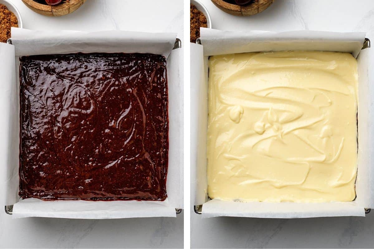 How to Make Cherry Cheesecake Brownies (Step-by-Step Photos) Side-by-side images: one pan with chocolate batter, the other with a creamy yellow batter, both in parchment-lined square baking pans on a white surface.