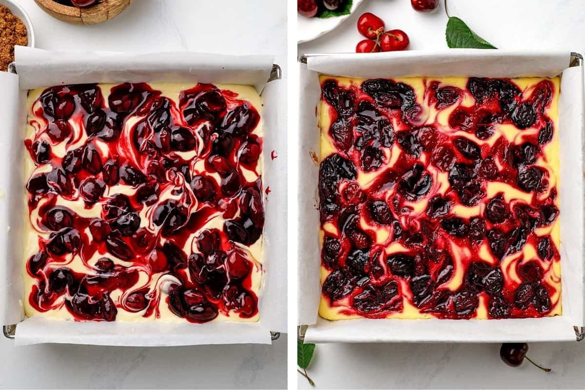 How to Make Cherry Cheesecake Brownies (Step-by-Step Photos) Side-by-side images of a baking pan with cherry cheesecake brownies: on the left, unbaked with glossy cherry topping; on the right, baked with a darker, set cherry layer. Both are on white parchment paper.