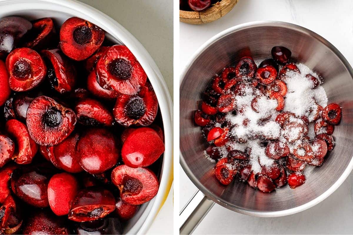 How to Make Cherry Cheesecake Brownies (Step-by-Step Photos) Left: A bowl of halved cherries with pits removed. Right: Halved cherries in a saucepan sprinkled with white sugar, ready to cook.
