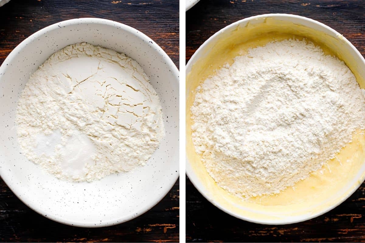 How to Make Cherry Loaf Cake (Step-by-Step Photos) Side-by-side images: the left bowl contains a dry mixture of flour and sugar, while the right bowl shows flour on top of a yellow batter, both on a dark wooden surface.