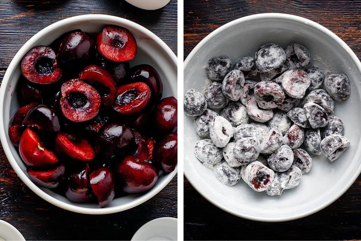 How to Make Cherry Loaf Cake (Step-by-Step Photos) Two side-by-side bowls: the left bowl holds halved, pitted cherries; the right bowl holds the same cherries coated in a layer of white powder.