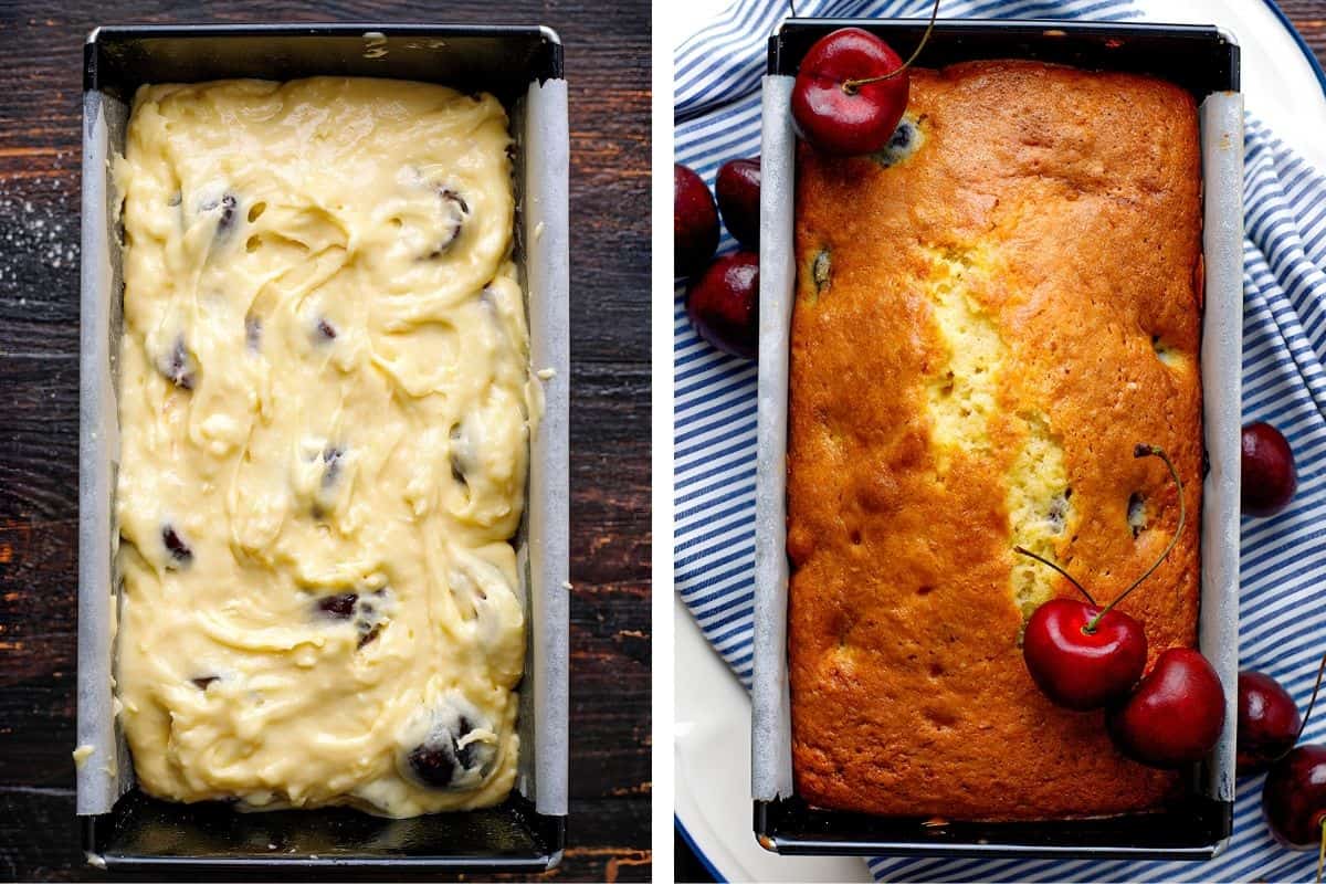 How to Make Cherry Loaf Cake (Step-by-Step Photos) Side-by-side images: on the left, raw cherry cake batter in a loaf pan; on the right, the baked golden-brown cherry loaf garnished with fresh cherries on top, set on a striped towel.