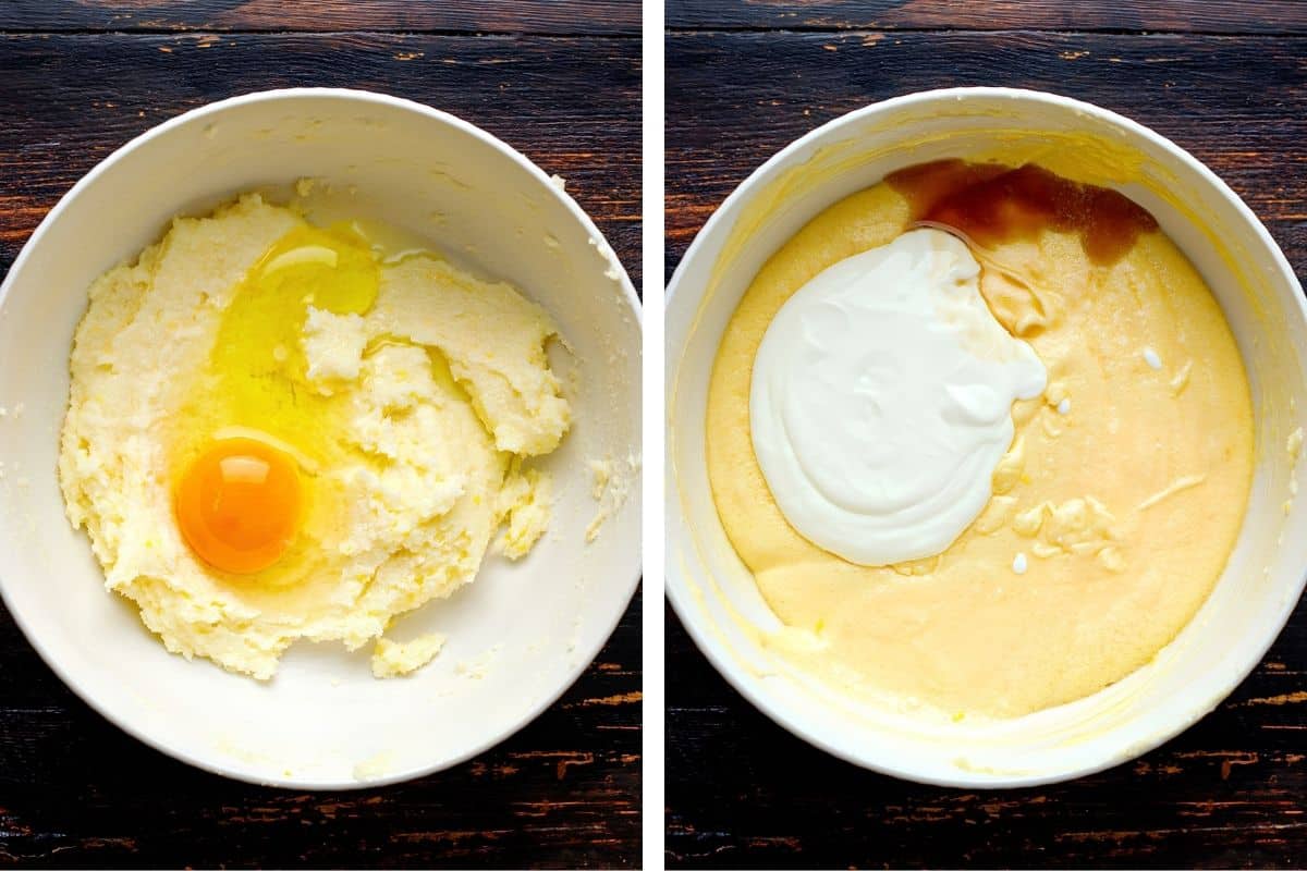 How to Make Cherry Loaf Cake (Step-by-Step Photos) Side-by-side photos of a mixing bowl: the left shows a yellow batter with an egg, the right shows the batter mixed with sour cream and vanilla on top, all on a dark wooden surface.