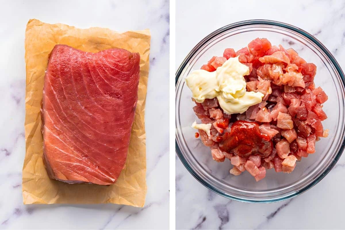 How to Make Spicy Tuna Hand Rolls (Step-by-Step Photos) Left: A raw tuna steak on brown parchment paper. Right: Diced raw tuna in a glass bowl with mayonnaise and a red sauce on top, all on a white marble surface.