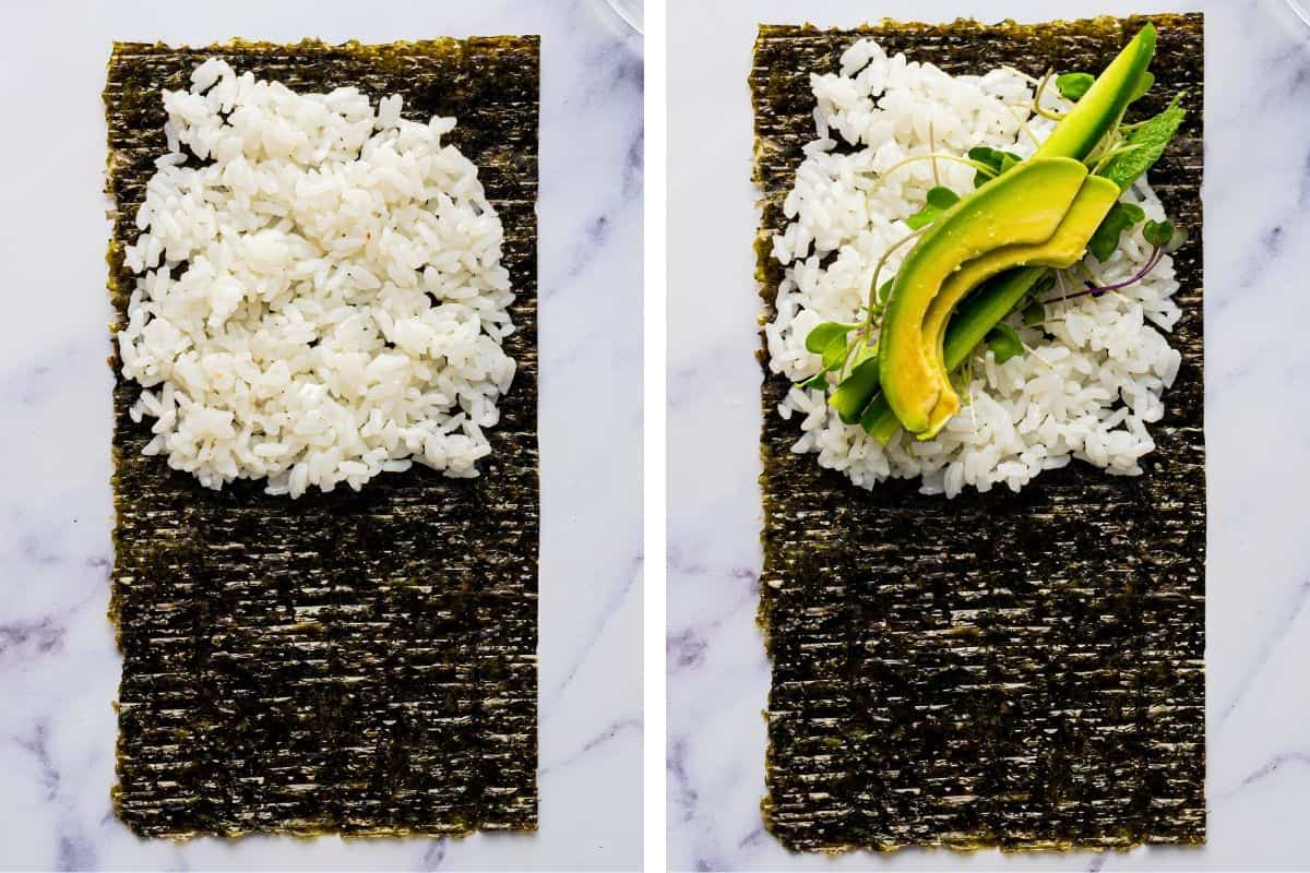 How to Make Spicy Tuna Hand Rolls (Step-by-Step Photos) Two side-by-side images show a sheet of nori with rice on top; the right image adds sliced avocado and greens on the rice, illustrating sushi roll preparation.