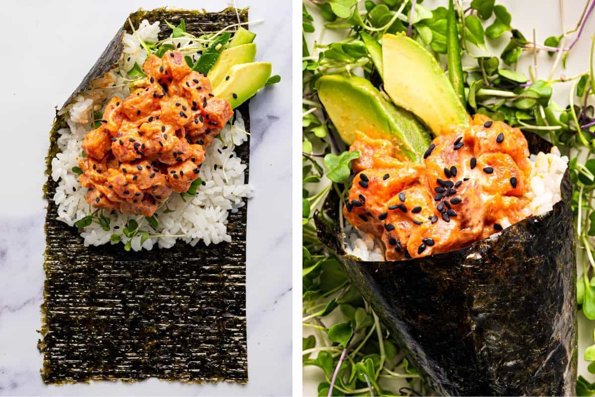 How to Make Spicy Tuna Hand Rolls (Step-by-Step Photos) A close-up of a spicy tuna hand roll, shown open with rice, avocado, and microgreens on seaweed, and rolled up, garnished with black sesame seeds.