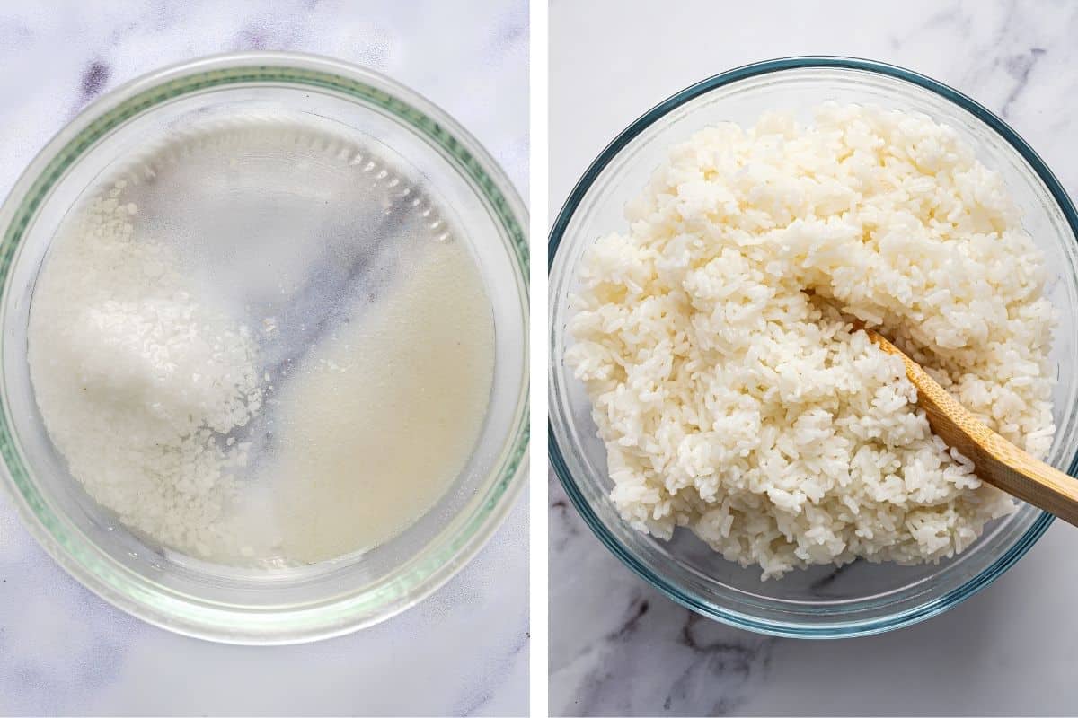 How to Make Spicy Tuna Hand Rolls (Step-by-Step Photos) Two side-by-side images: the left shows rice soaking in water in a glass bowl; the right shows cooked white rice in a glass bowl with a wooden spoon.