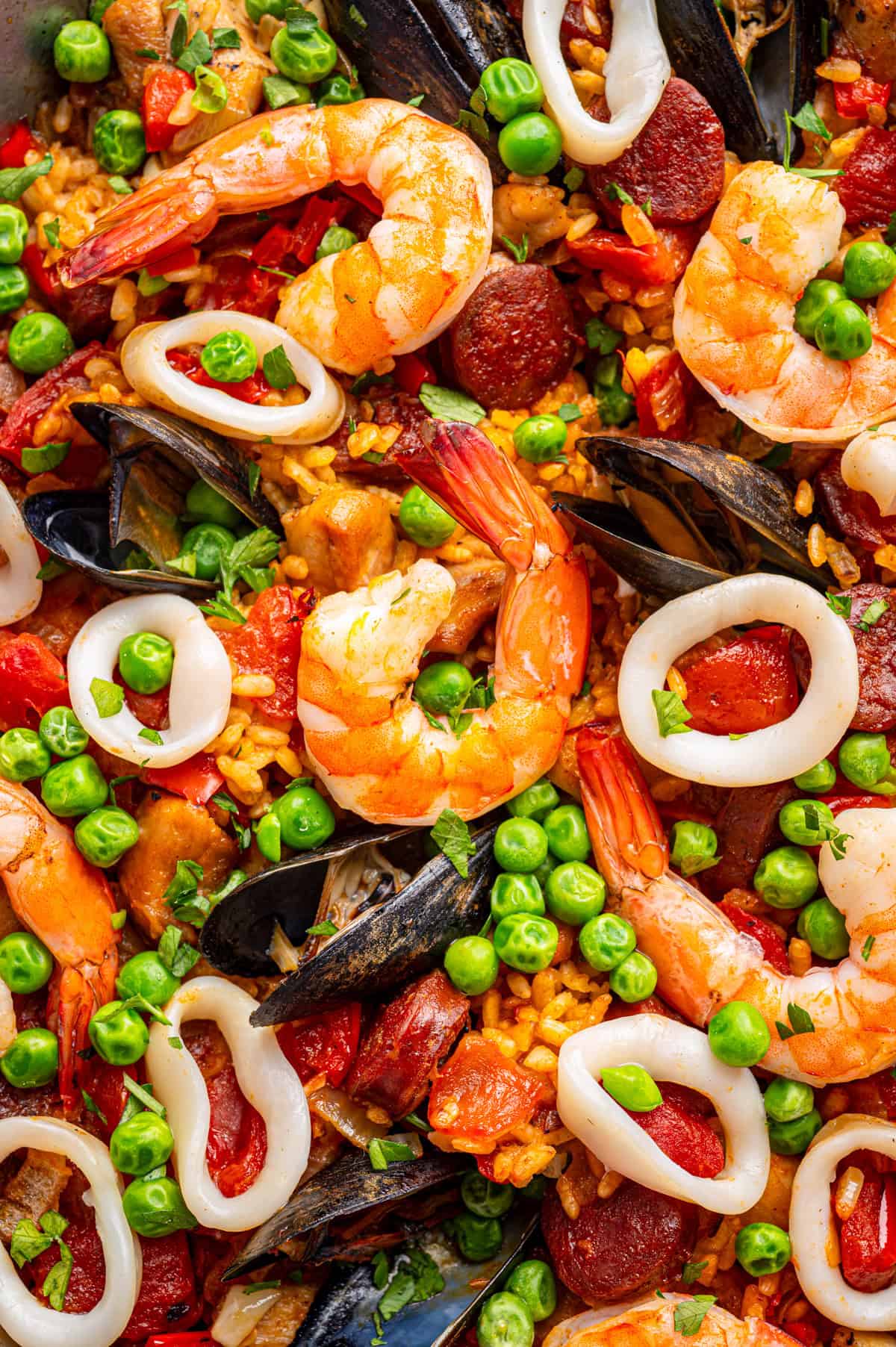 Paella Close-up of colorful seafood paella with shrimp, mussels, squid rings, green peas, chorizo, red peppers, tomatoes, and rice.
