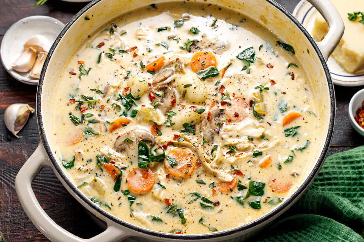 Chicken Gnocchi Soup A pot of creamy soup with shredded chicken, carrots, spinach, and herbs.