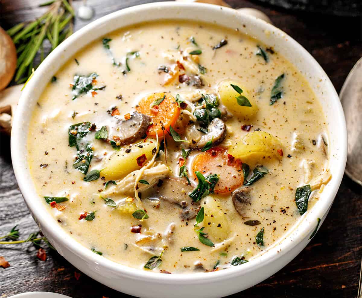 Chicken Gnocchi Soup Creamy soup with chunks of potato, carrots, mushrooms, herbs, and shredded chicken in a white bowl, set on a dark rustic surface.