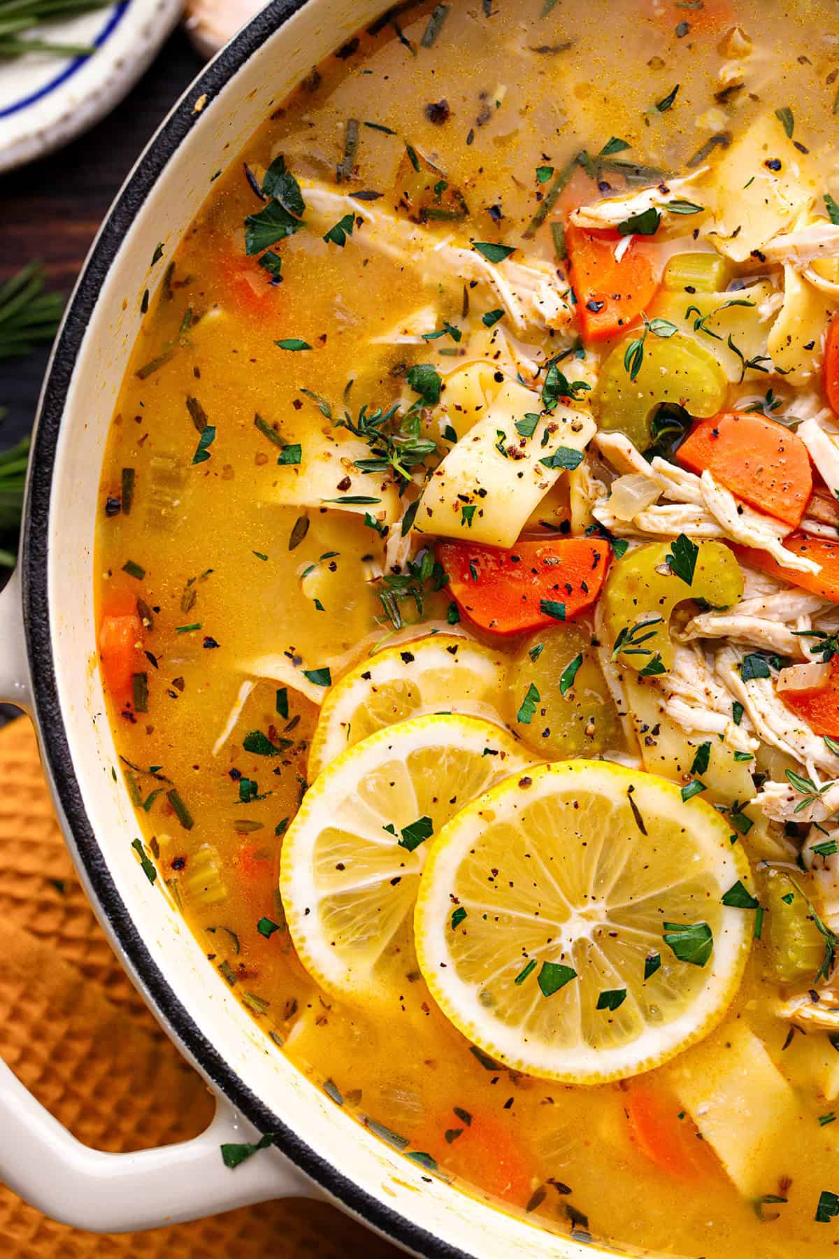 Chicken Noodle Soup A pot of chicken soup with shredded chicken, carrots, celery, noodles, fresh herbs, and slices of lemon in a yellow broth, shown from above.