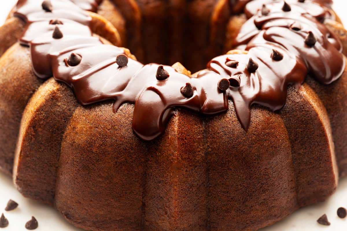 A close-up of a chocolate bundt cake topped with glossy chocolate icing and sprinkled with chocolate chips.